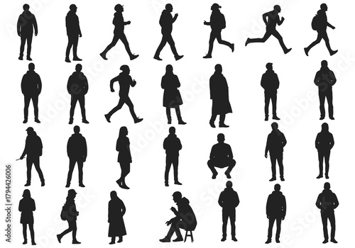 Collection of diverse human silhouettes in various poses and actions
