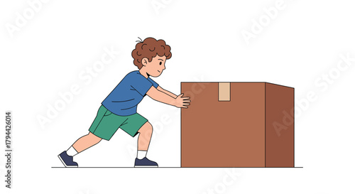Young boy with curly hair puts in a lot of effort while pushing a large and heavy cardboard box across the floor.