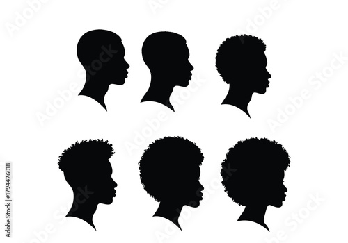 Silhouettes of diverse african hairstyles in profile view