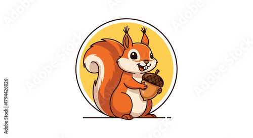 Cute cartoon squirrel with a big bushy tail smiles while holding a large acorn, presented in a circular yellow frame design.