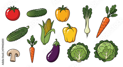 Colorful collection of various fresh cartoon vegetables, including tomato, cucumber, corn, carrot, and cabbage, for healthy eating.