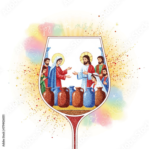 Illustration of Jesus and Mary at the Wedding at Cana miracle inside a wine glass, surrounded by people, water jugs, and colorful splashes.