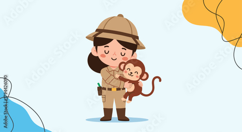 Caring female zookeeper in a safari outfit gently smiles while holding and hugging a cute, happy little brown monkey.
