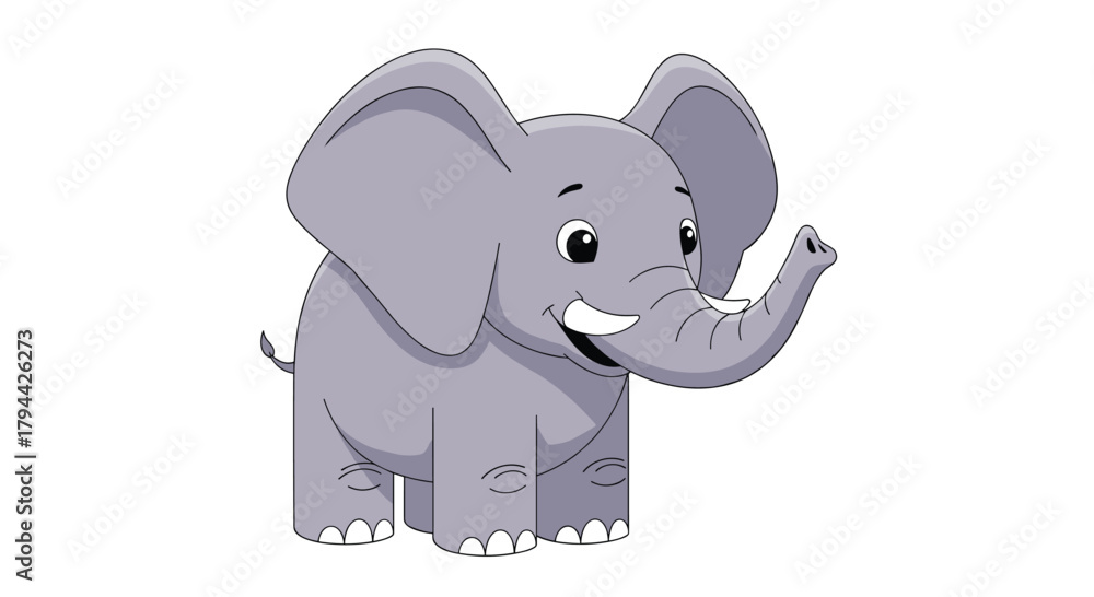 Fototapeta premium Adorable gray baby elephant with large ears and white tusks is smiling happily with its trunk raised in the air.