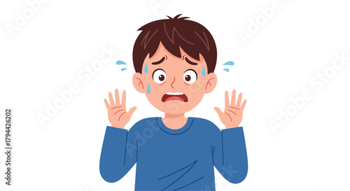 Young boy with a terrified expression is sweating and holding his hands up in fear, showing shock and anxiety on his face.