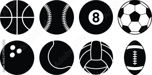 Set of eight black and white sports balls isolated vector icons Vector