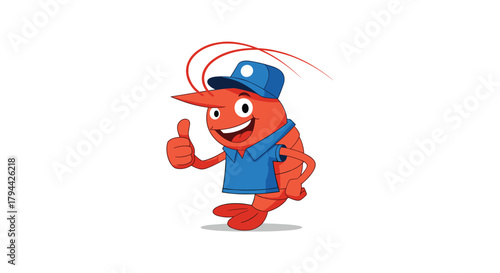 Friendly cartoon shrimp mascot wearing a blue polo shirt and a cap smiles and gives a confident thumbs up gesture.