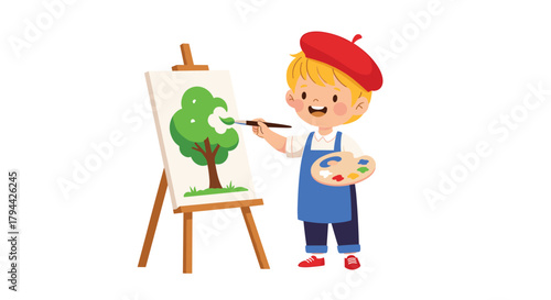 Creative little boy wearing a red beret and an apron smiles as he paints a picture of a green tree on a canvas.