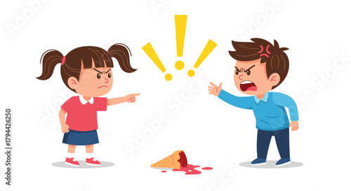 Two children are having an argument, with the girl pointing and blaming the angry boy for dropping an ice cream cone.
