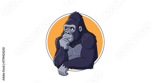 Thoughtful cartoon gorilla mascot with its chin resting on its hand in a classic thinking pose, set in an orange circle.