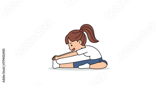 Young girl with a ponytail is doing a seated forward bend stretching exercise to improve flexibility and warm up for sports.