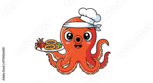 Cute cartoon octopus chef wearing a Japanese headband and chef hat is smiling while serving a plate of fried calamari.