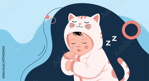 Adorable baby peacefully sleeping while wearing a cute and cozy white and pink cat onesie, with Zs indicating deep sleep.