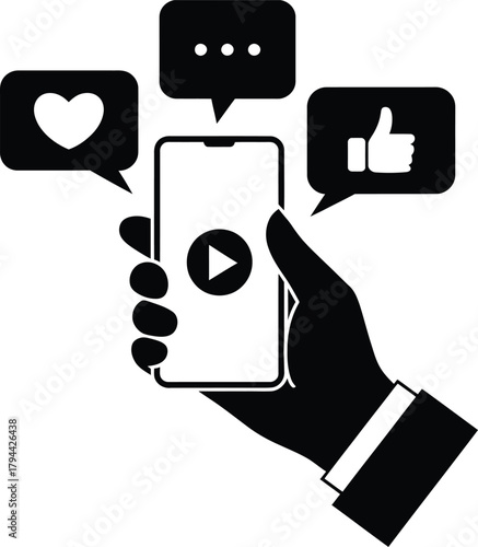 Hand holding smartphone with social media engagement symbols Vector