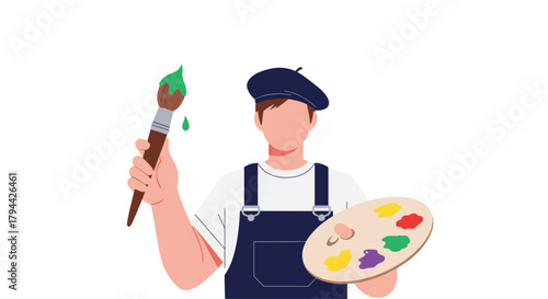 Anonymous artist wearing a blue beret and overalls holds up a large paintbrush with green paint and a colorful palette.
