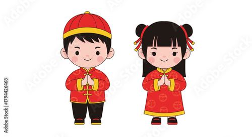 Cute cartoon boy and girl wearing traditional red Chinese outfits make a greeting gesture for the Lunar New Year celebration.