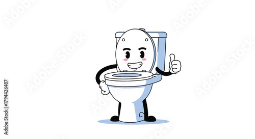 Funny cartoon toilet character with a happy face and limbs gives a thumbs up, representing cleanliness and proper hygiene.