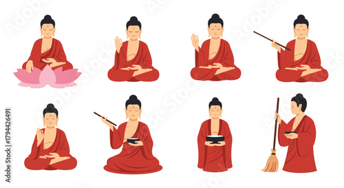 Various illustrated poses of the Buddha character in traditional red robes, including meditation, teaching, and holding a bowl for offerings.