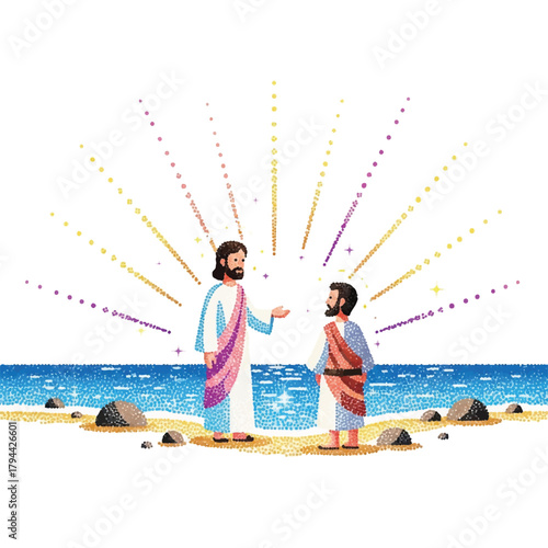 Jesus Christ speaking to a disciple on a beach with radiating light behind them.