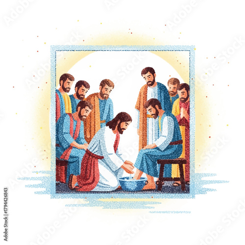 Jesus washes the feet of a disciple, kneeling with a basin of water, surrounded by other disciples in a square frame.