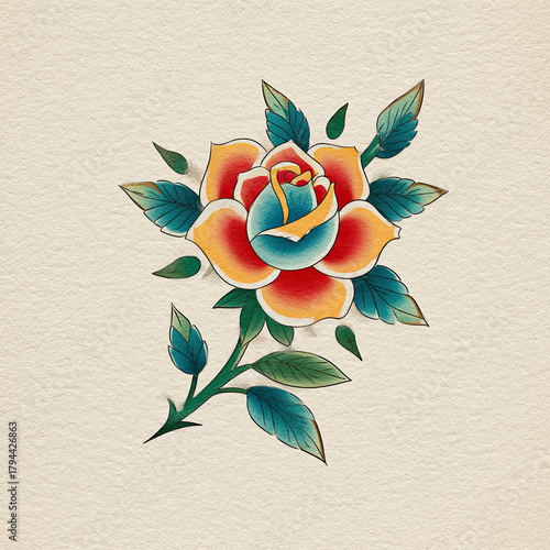 Traditional tattoo-style rose with blue center and green leaves