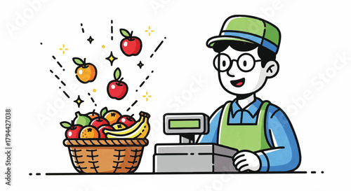 Cartoon illustration of a smiling vendor at a market with a basket of fruit and apples floating above.