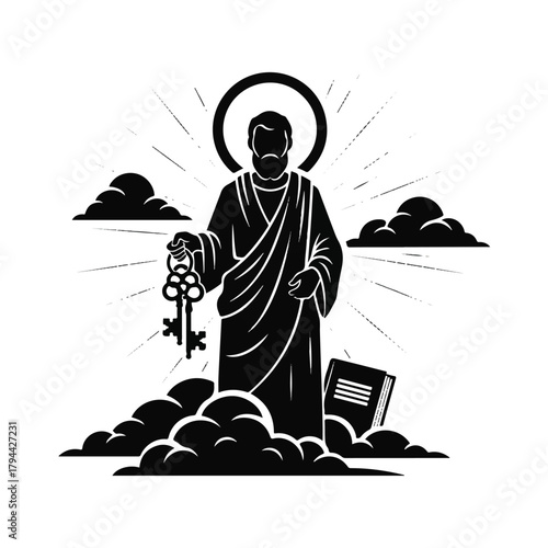 Black and white illustration of a saint holding keys, with a halo, clouds, book, and radiating light.