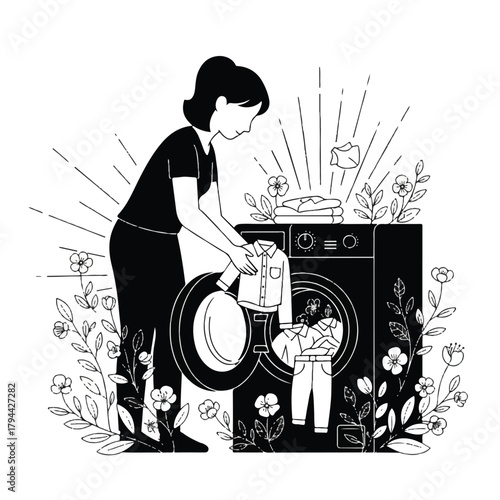 Woman loading clothes into a front-loading washing machine, surrounded by floral elements, with a stack of folded laundry nearby.