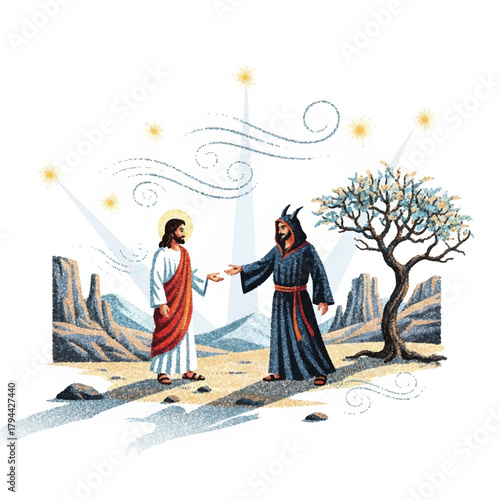 Jesus stands in the desert, facing a cloaked figure with horns, possibly Satan, in a scene with wind and light.