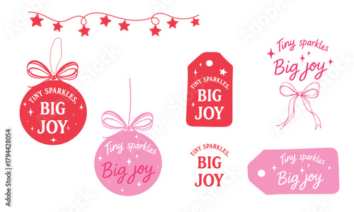 Holiday gift tags vector set, pink and red round baubles, star garland and ribbon bows with tiny sparkles big joy lettering, cute festive labels for cards and packaging