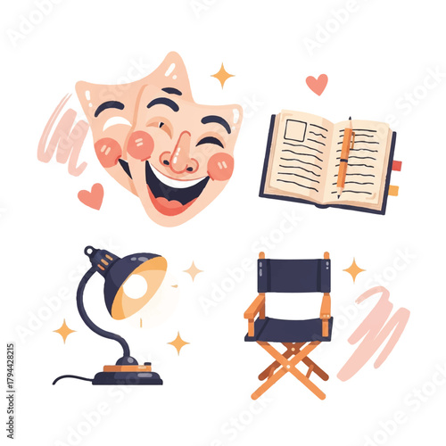 Illustration featuring theatrical masks, an open script with a pencil, a director's chair, and a desk lamp, suggesting themes of performance and creativity.