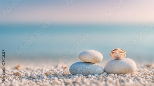 Minimalist composition of smooth sea stones and seashell on sandy Mediterranean beach, pastel sky and gentle gradient water tones, calm mood