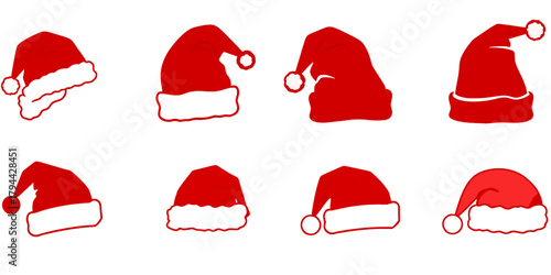 Eight red santa hats are isolated on a transparent background, each showcasing a unique design variation of the classic christmas headwear.