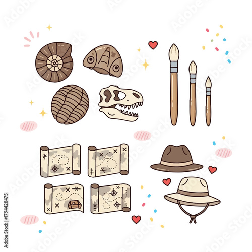 Illustration featuring fossils, a dinosaur skull, rolled maps, paintbrushes, and hats, creating a theme of exploration and paleontology.