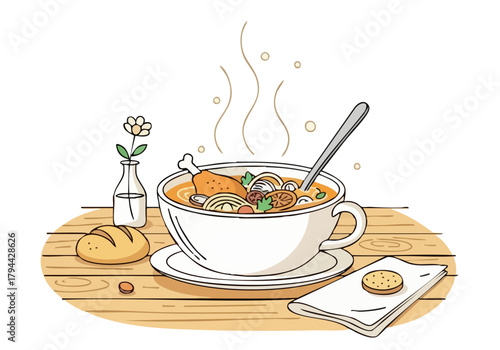 A comforting image of chicken soup in a white bowl, served with bread and a napkin. Warm, inviting, and perfect for cozy scenes.  Illustrative style.