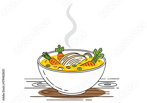 A comforting bowl of steaming soup with vegetables, evoking warmth and nourishment. Simple, line art illustration with rising steam. Perfect for health, wellness, and cozy themes.