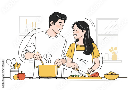 A couple happily cooks together in a bright kitchen. They?re smiling and engaged in preparing a meal. Modern, inviting, and perfect for lifestyle visuals.