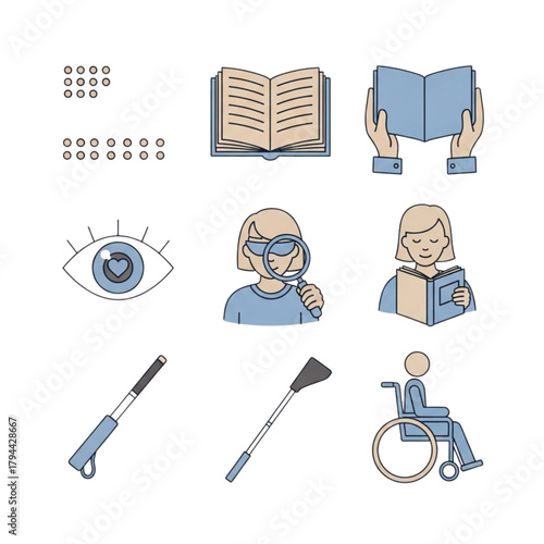 Empowering vector icons for accessibility and disability support, featuring braille, reading assistance, mobility aids, and vision tools, fostering inclusion