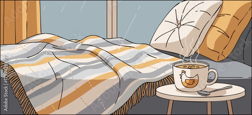 Cozy scene- person relaxes with tea and a blanket watching a rainy day Warm colors and soft textures create a comforting atmosphere Perfect for lifestyle and wellness visuals