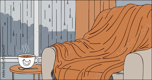 Cozy scene- person relaxes with a warm drink and blanket watching rain  A comforting and serene image perfect for promoting relaxation and self-care  Soft colors and a simple composition