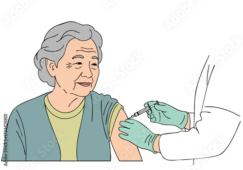 An elderly Asian woman receives a vaccination from a healthcare professional.  Warm lighting and a focused expression convey trust and care.  Promotes health and wellness.