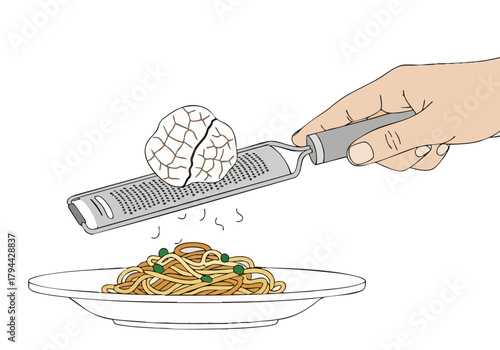 A hand grates Parmesan cheese over spaghetti, creating a gourmet dish. Clean, minimalist illustration style. Focus on food and presentation.
