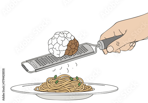 A hand grates parmesan cheese over spaghetti, creating a gourmet presentation. Clean, minimalist illustration style. Focus on food and culinary detail.