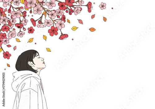 serene  woman gazes upwards at a blossoming cherry tree capturing the beauty of spring Soft pink hues and delicate details create a peaceful elegant composition Ideal for lifestyle and wellness themes