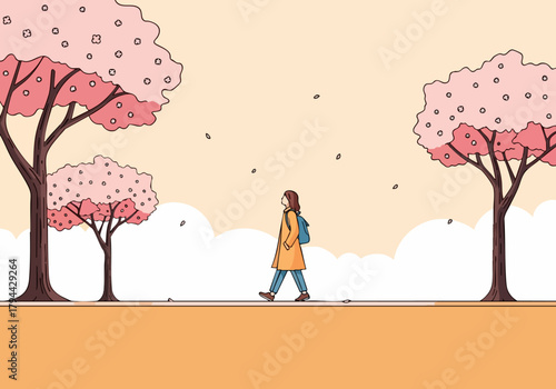 A woman walks a path beneath blooming cherry trees. A serene, minimalist illustration evokes springtime and peaceful contemplation. Perfect for lifestyle and wellness themes.