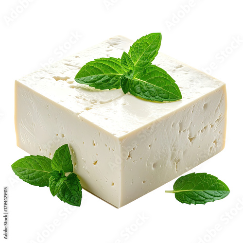 White tofu block with fresh mint leaves, healthy vegan food, isolated on black background