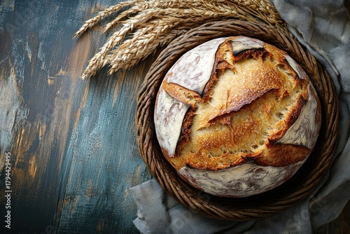 A rustic loaf of bread with a golden-brown crust, nestled in a woven basket on a wooden table.