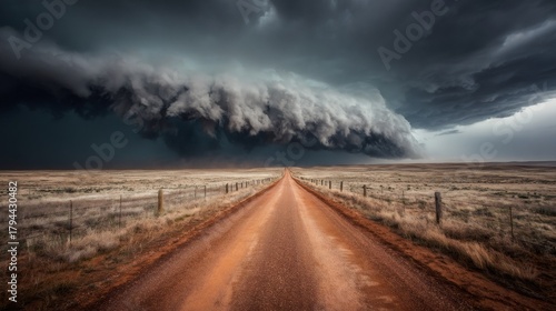 Storm clouds moving over a dirt road in a dry prairie landscape, bringing dramatic weather and strong wind