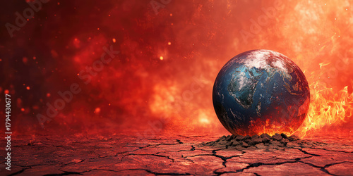 Earth globe on cracked ground against a fiery red background, symbolizing climate change and environmental crisis, highlighting the urgent need for action and awareness in global warming
