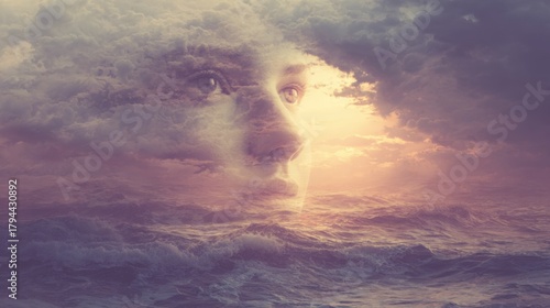 Fototapeta Naklejka Na Ścianę i Meble -  mysterious female appearing in the sky above rough sea waves at sunset, dreamy lighting, golden pink horizon, gentle fog connecting heaven and ocean